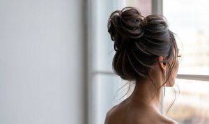 Brunette woman at a festive party wearing her hair in a relaxed bun